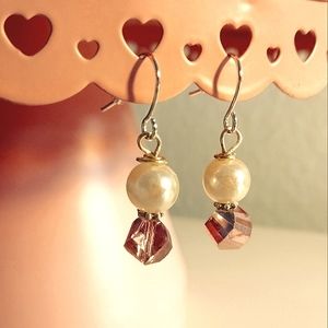 Handmade Faux Pearl and Pink Glass Bead Dangle Earrings